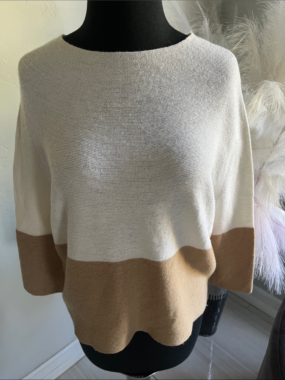 Women's Ivory and Camel Colorblock Crewneck Sweater